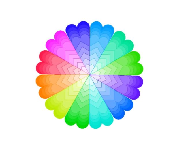 用python画心形扇状旋转组成的多彩圆形0014